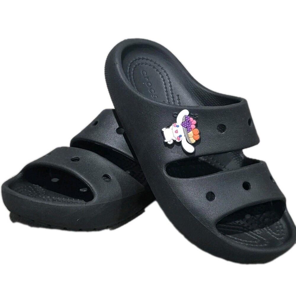 Crocs Classic 2 Strap Sandals Size J1 Black  Cinnamon Roll Charm